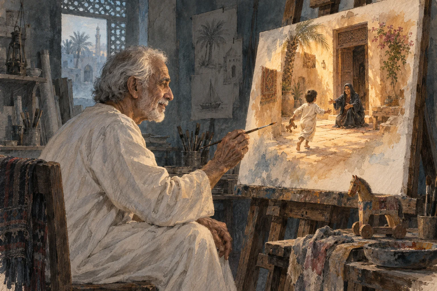 رسّام مسنّ يرسم ذكرى طفولته وهو يركض نحو أمه في فناء بيت قديم.