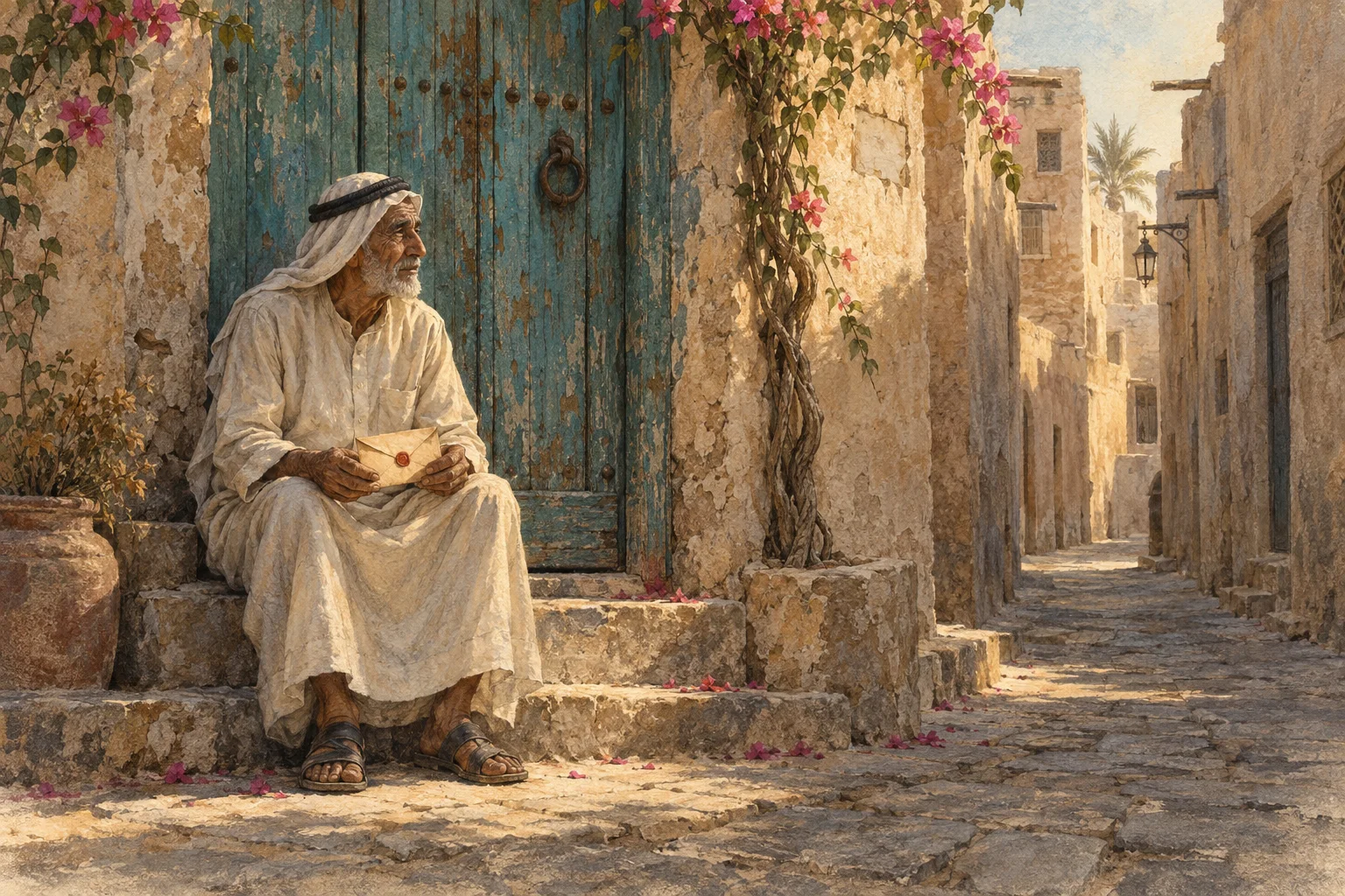 رجل مسنّ يجلس أمام باب خشبي فيروزي متقشّر، يحمل ظرفًا مختومًا وينظر إلى زقاق قديم تزيّنه الأزهار.